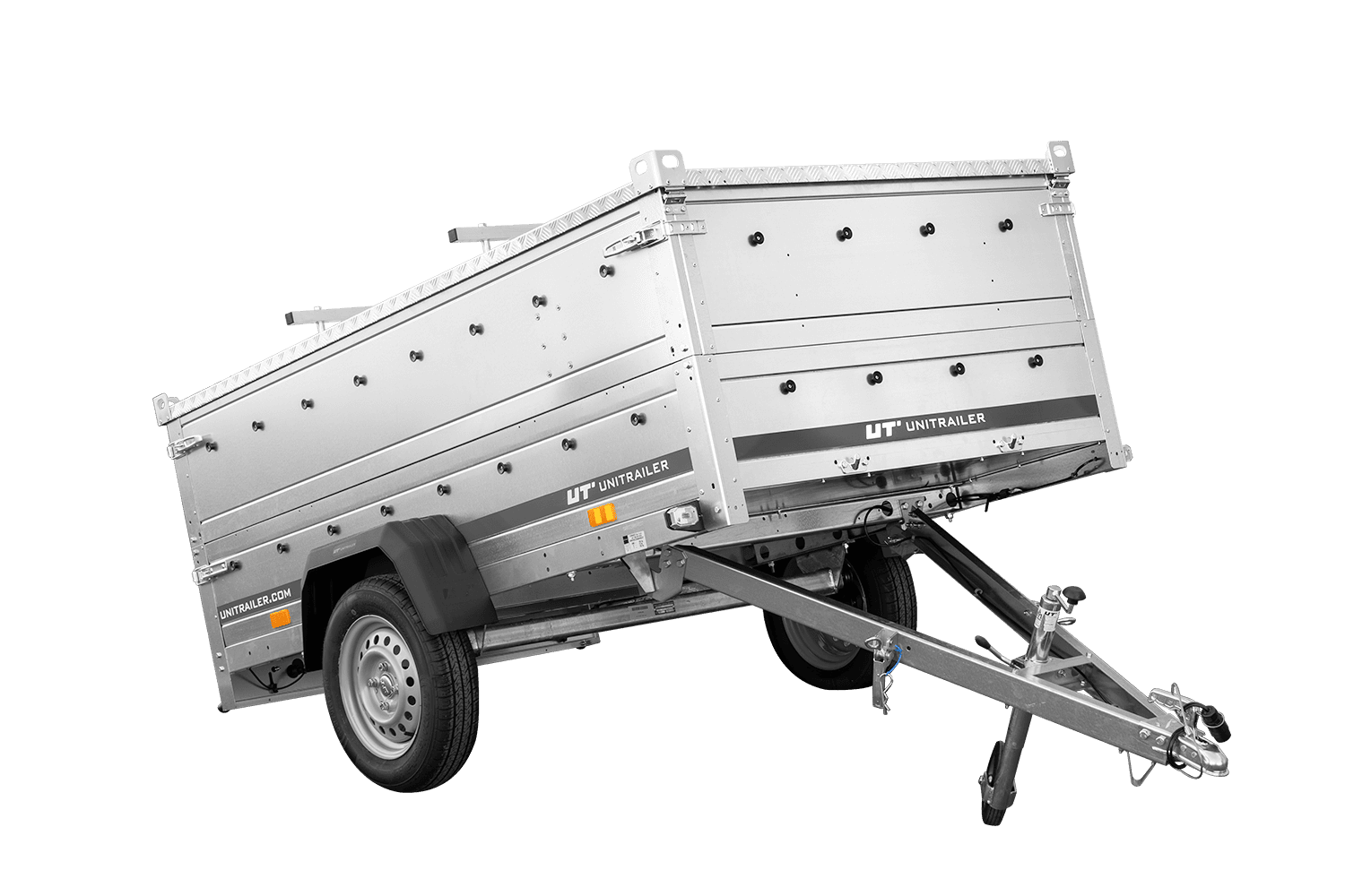 Einachsanhänger 230 × 125 cm UNITRAILER GARDEN 230 KIPP mit BIS-Seitenwänden und Aluminiumabdeckung