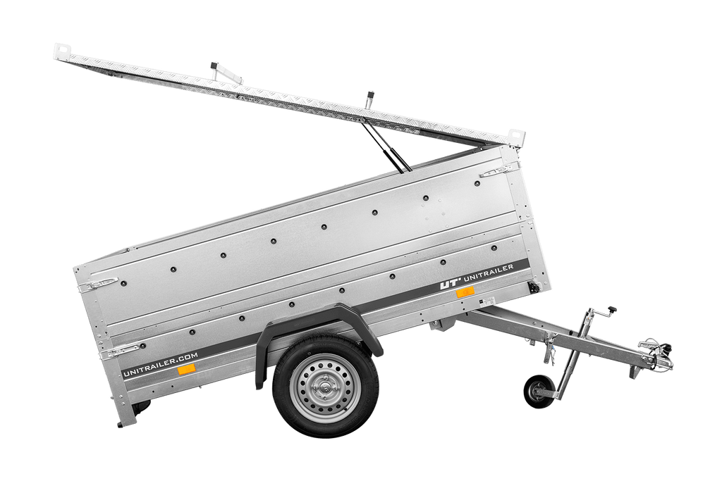 Einachsanhänger 230 × 125 cm UNITRAILER GARDEN 230 KIPP mit BIS-Seitenwänden und Aluminiumabdeckung