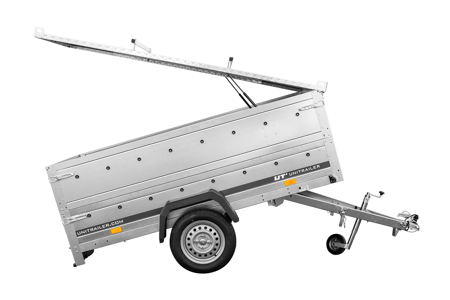 Einachsanhänger 230 × 125 cm UNITRAILER GARDEN 230 KIPP mit BIS-Seitenwänden und Aluminiumabdeckung