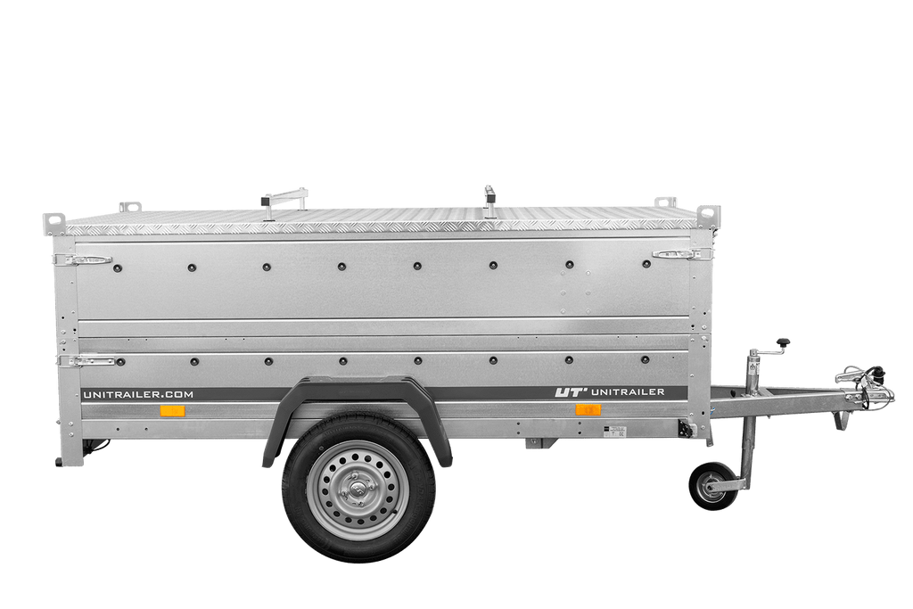 Einachsanhänger 230 × 125 cm UNITRAILER GARDEN 230 KIPP mit BIS-Seitenwänden und Aluminiumabdeckung