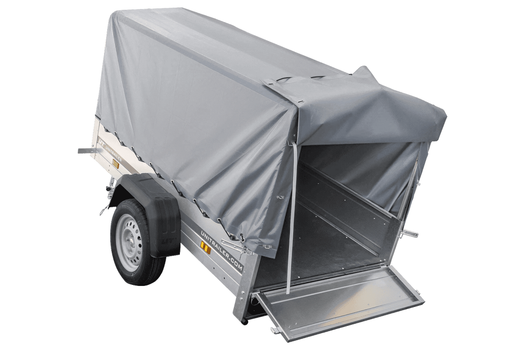 UNITRAILER Garden Trailer 200 KIPP PKW-Anhänger 200 × 106 cm mit Hochplane, Gestell und Stützrad, 500 kg zGG