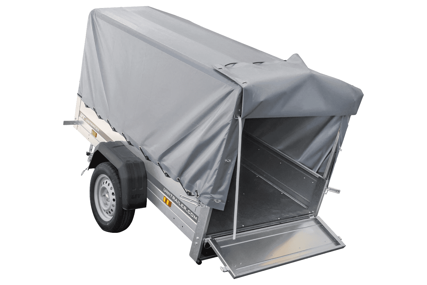 UNITRAILER Garden Trailer 200 KIPP PKW-Anhänger 200 × 106 cm mit Hochplane, Gestell und Stützrad, 500 kg zGG