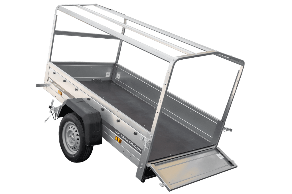 UNITRAILER Garden Trailer 200 KIPP PKW-Anhänger 200 × 106 cm mit Hochplane, Gestell und Stützrad, 500 kg zGG