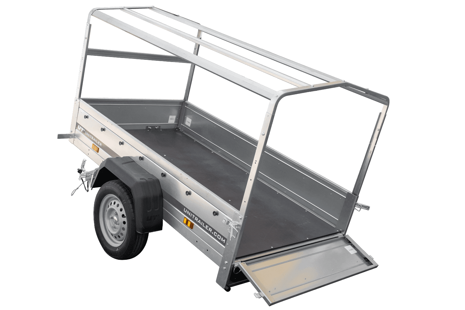 UNITRAILER Garden Trailer 200 KIPP PKW-Anhänger 200 × 106 cm mit Hochplane, Gestell und Stützrad, 500 kg zGG