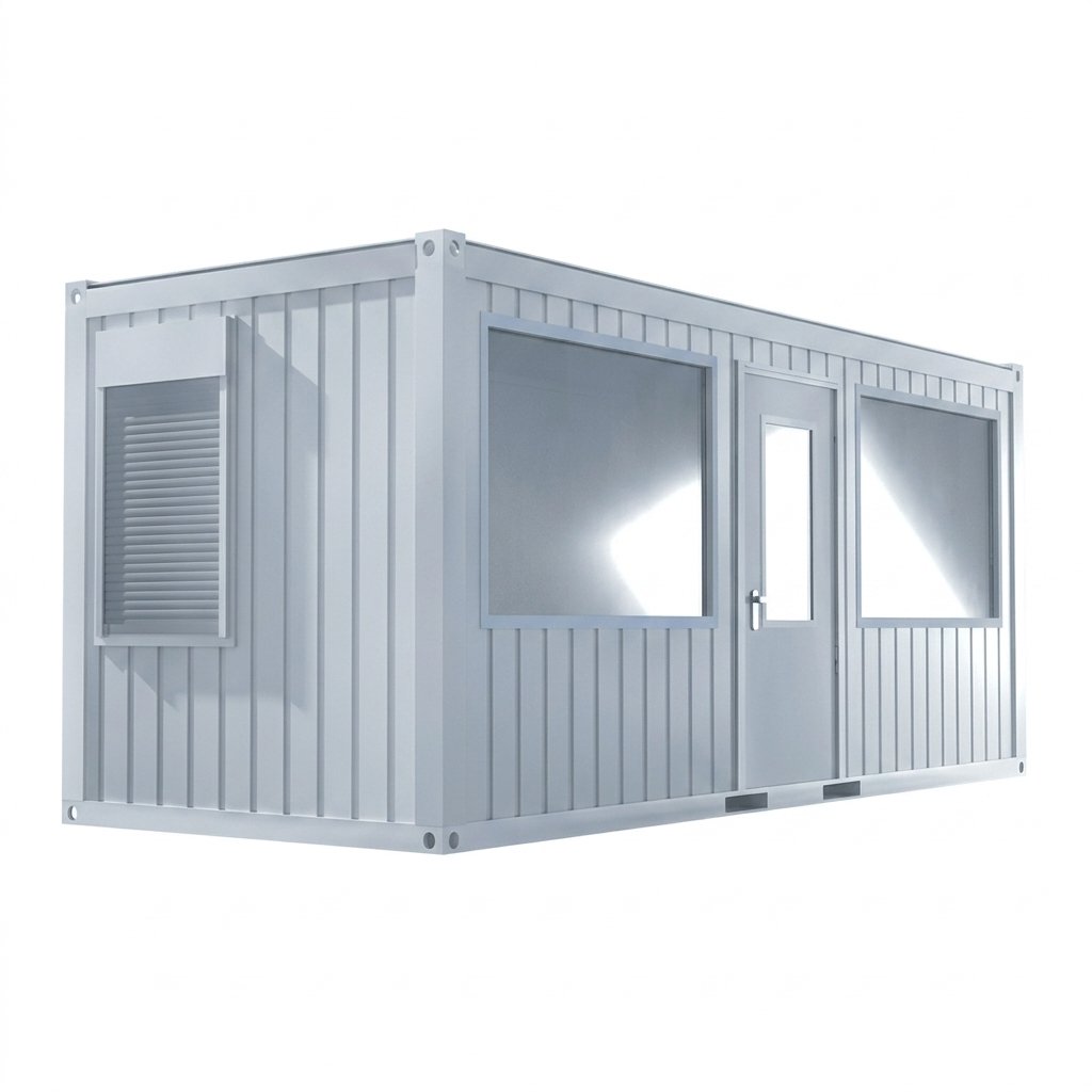 Bürocontainer 20 Fuß teilverglast (1 Tür, 2 Fenster, 2 Schaufenster)