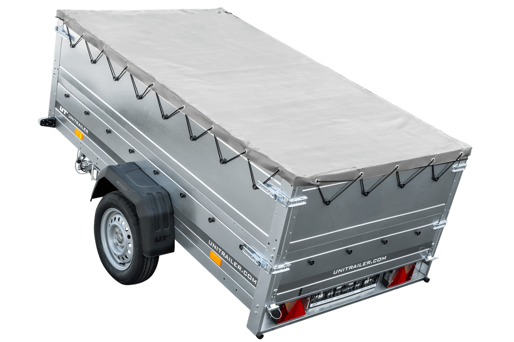 Großer Anhänger 230×125 mit flacher grauer Plane, erhöhten Bordwänden und Stützrad – Garden Trailer 230 KIPP