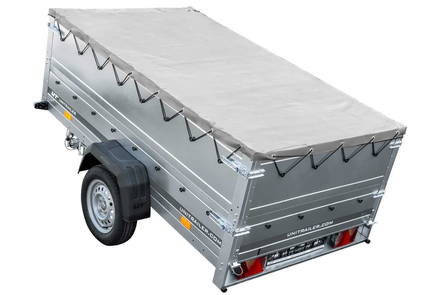 Großer Anhänger 230×125 mit flacher grauer Plane, erhöhten Bordwänden und Stützrad – Garden Trailer 230 KIPP