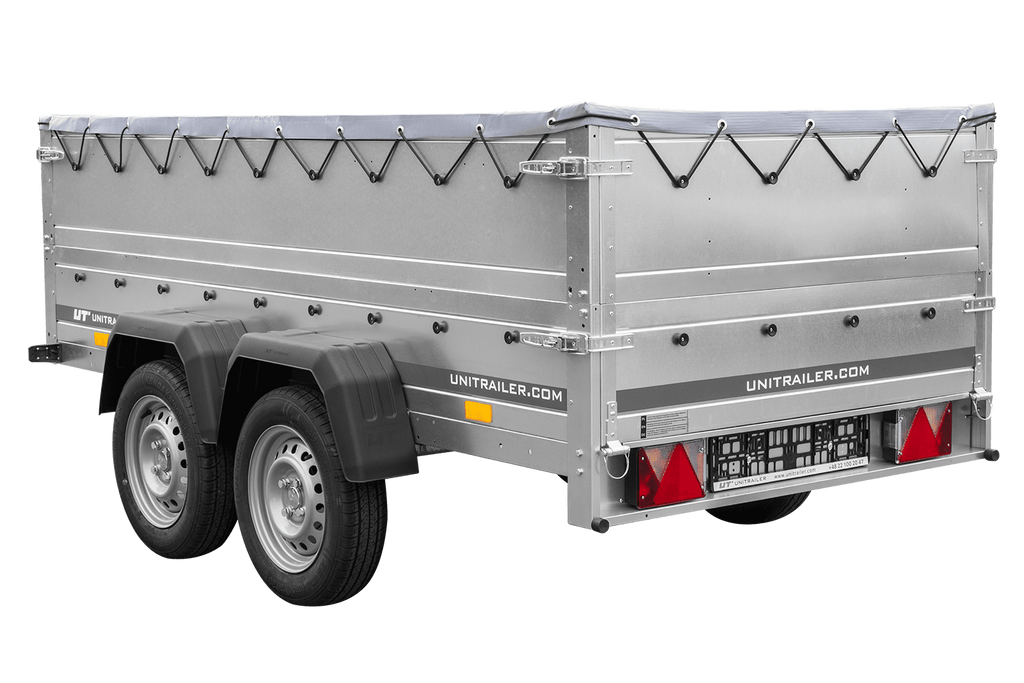 UNITRAILER GARDEN TRAILER 264/2 KIPP Doppelachsanhänger mit Stützrad, H-0-Rahmen, BIS-Bordwänden und grauer Flachplane
