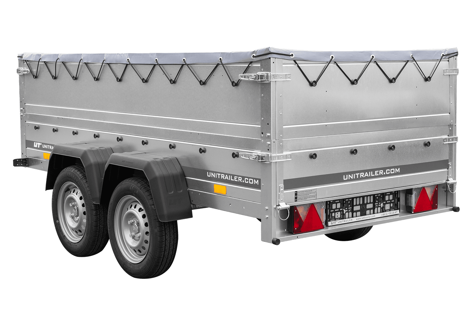 UNITRAILER GARDEN TRAILER 264/2 KIPP Doppelachsanhänger mit Stützrad, H-0-Rahmen, BIS-Bordwänden und grauer Flachplane