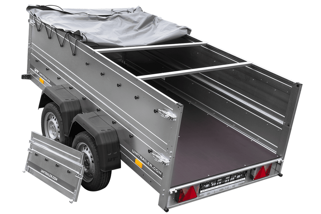 UNITRAILER GARDEN TRAILER 264/2 KIPP Doppelachsanhänger mit Stützrad, H-0-Rahmen, BIS-Bordwänden und grauer Flachplane