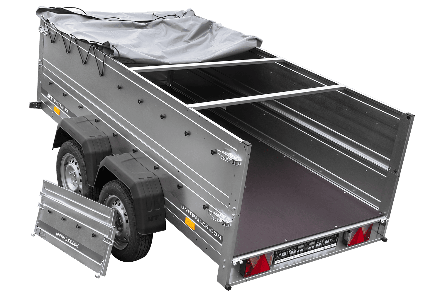 UNITRAILER GARDEN TRAILER 264/2 KIPP Doppelachsanhänger mit Stützrad, H-0-Rahmen, BIS-Bordwänden und grauer Flachplane